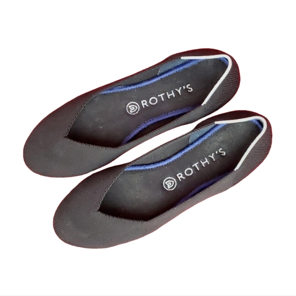 ROTHY 'S WOMEN'S CLASSIC BLACK BALLET FLATS WITH WHITE‎ TRIM SIZE 8.5W